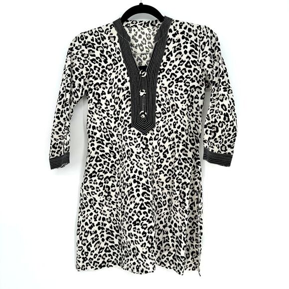 Womens Long Sleeve Tunic Top Mini Shirt Dress Size XS Leopard Boho Edgy Playful - Picture 2 of 7